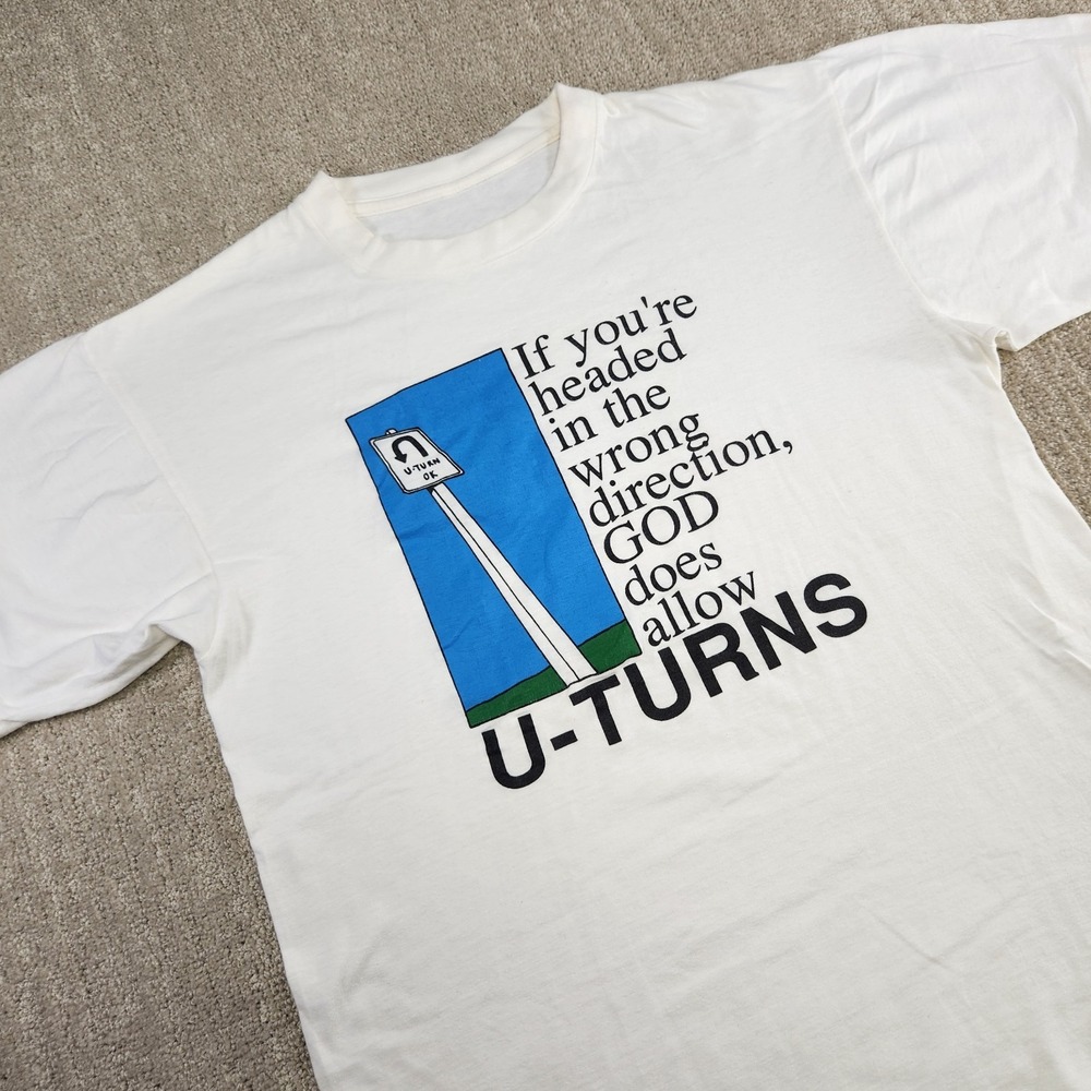 Vintage Jesus Shirt Men Large U Turn Tee 90s Single Stitch White God